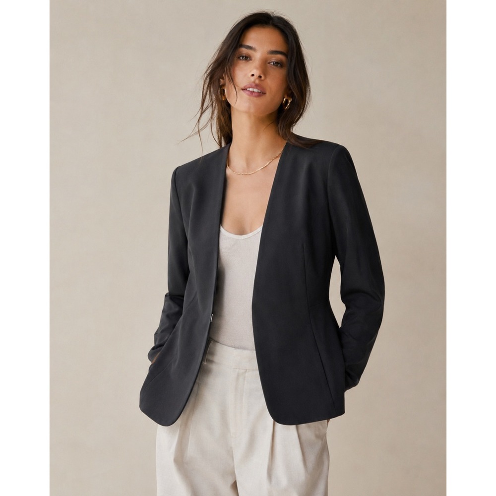 Lane Bryant Women 18 Black Collarless Hook Eye Open Front Peplum Blazer Jacket